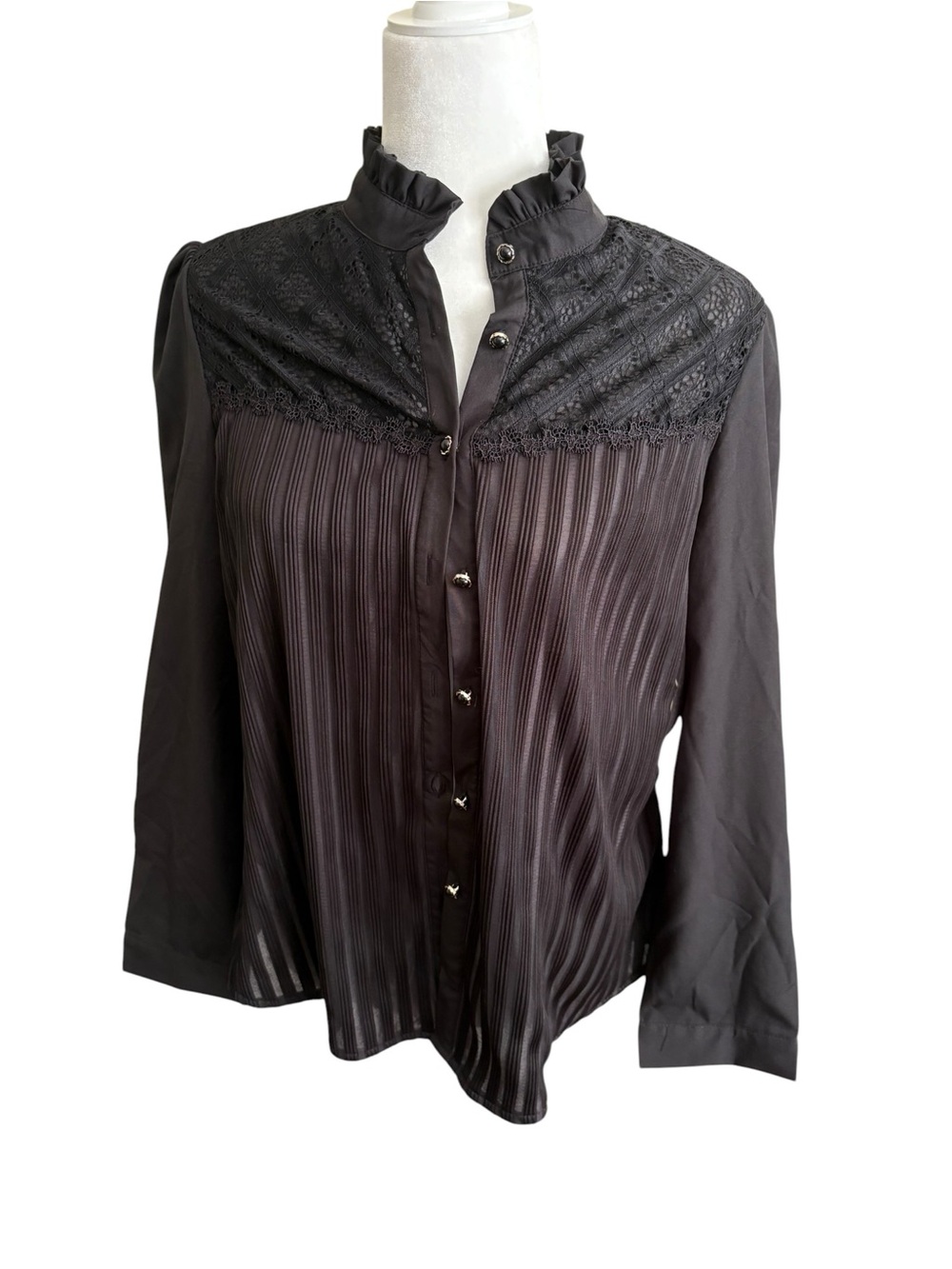 Amazon Black Lace Yoke Pleated Button-Down Blouse